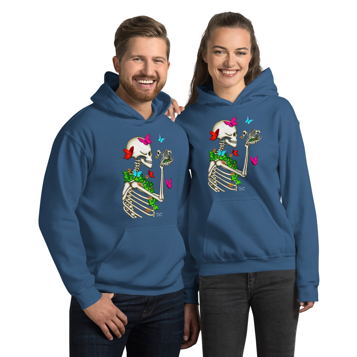 stormseye design skeleton and bird hoodie modelled view blue