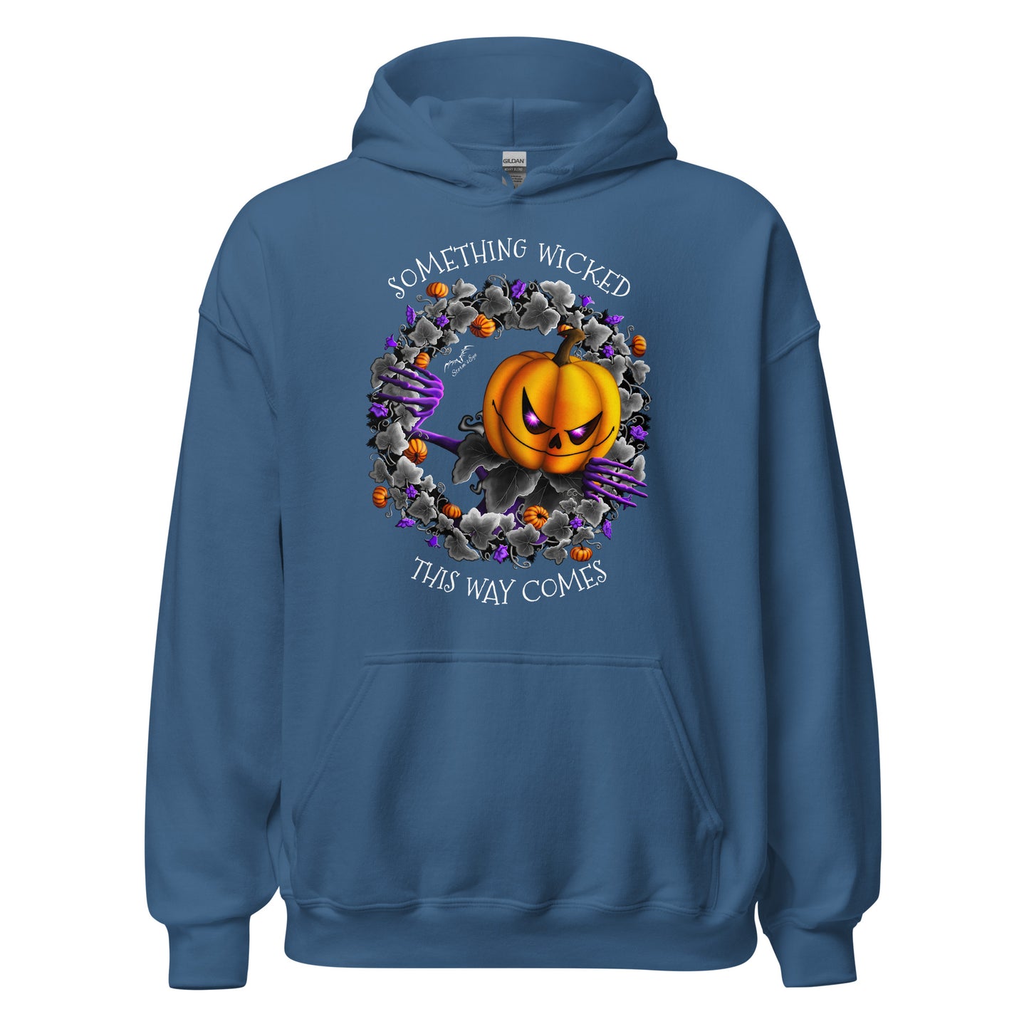 stormseye design pumpkin king halloween hoodie flat view blue