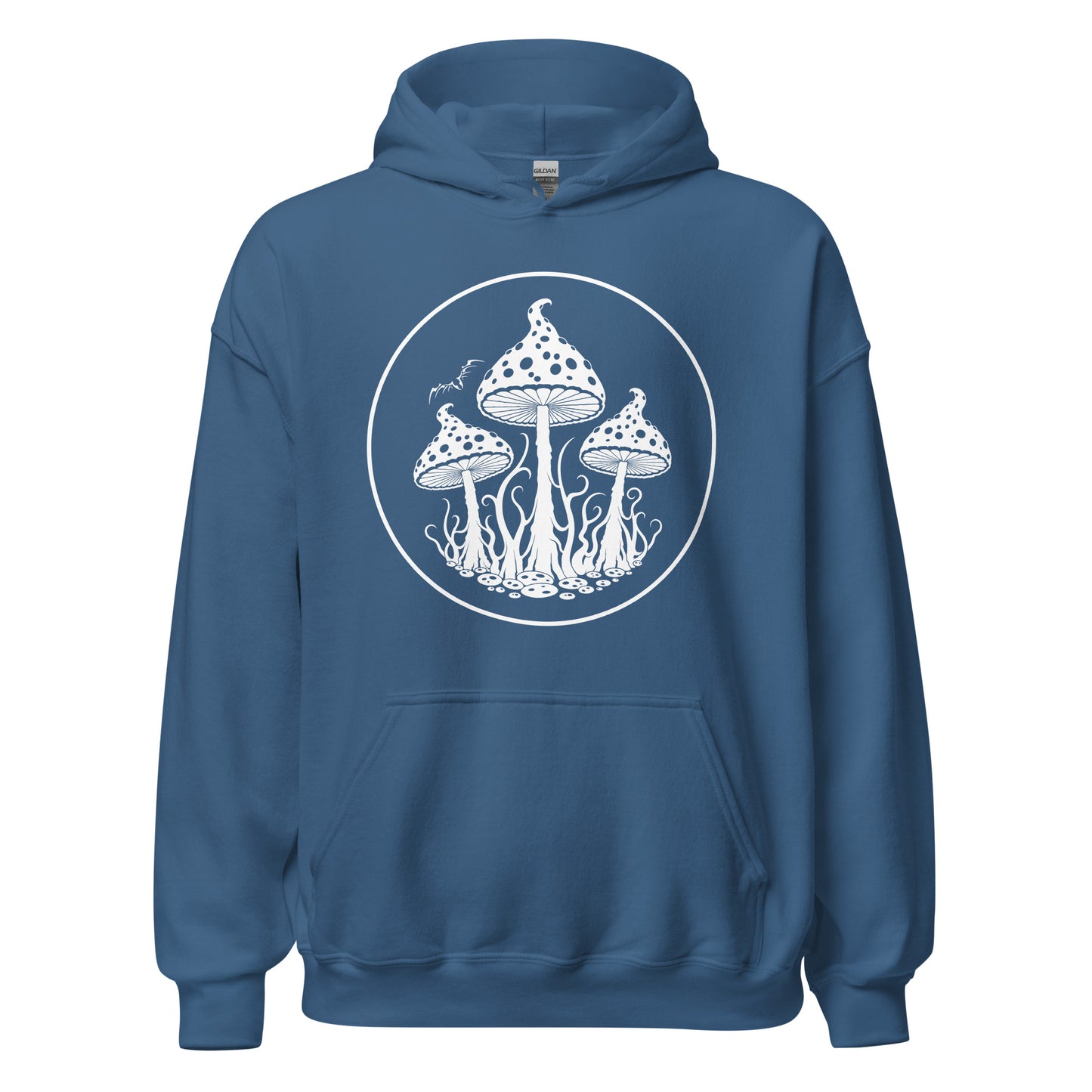 stormseye design trippy mushrooms hoodie, flat view, blue