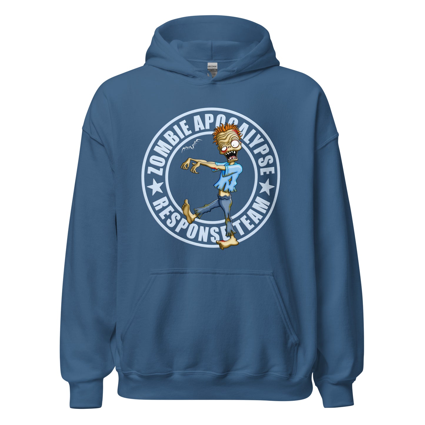 stormseye design zombie apocalypse colour hoodie, flat view indigo blue