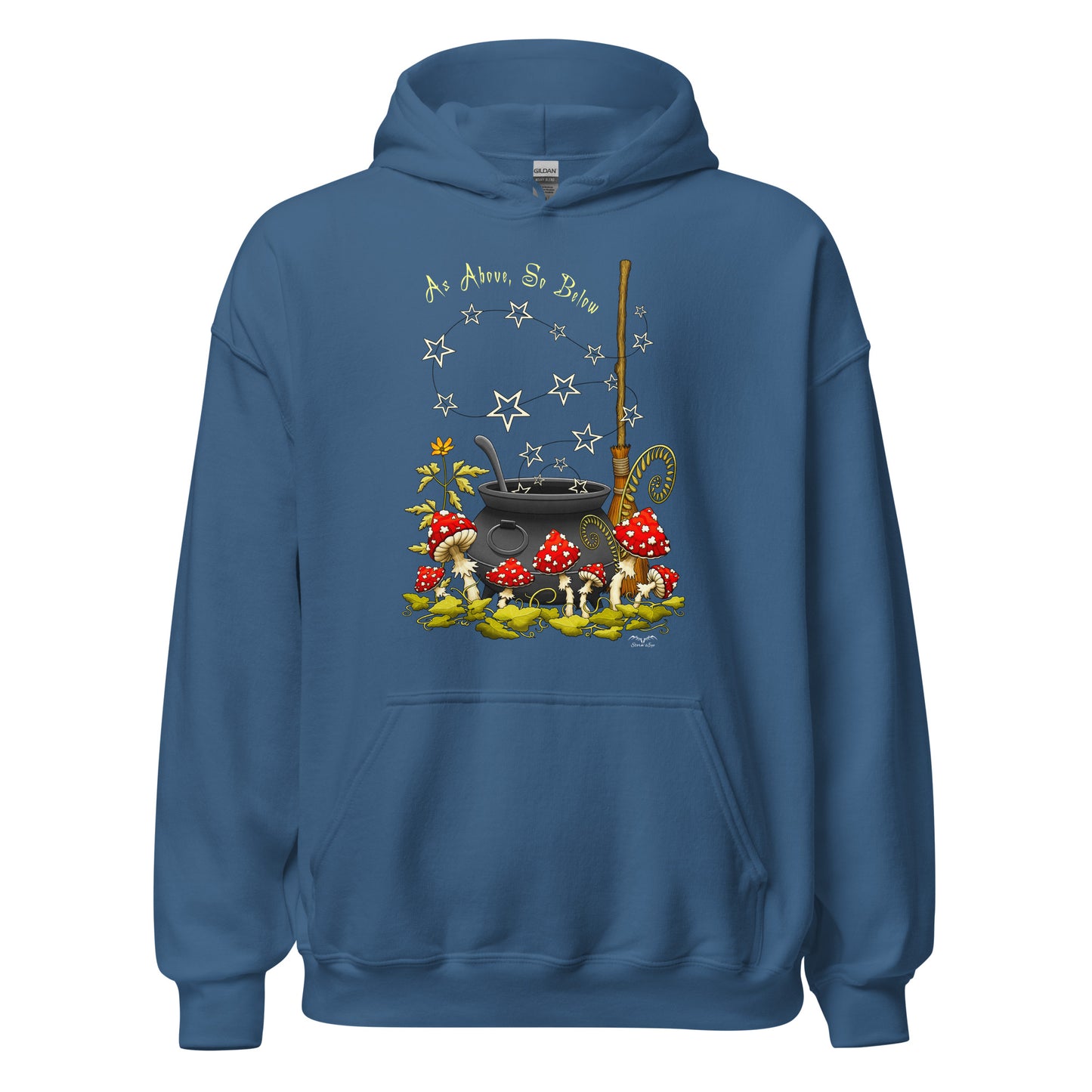 stormseye design witchy mushrooms hoodie, flat view, blue