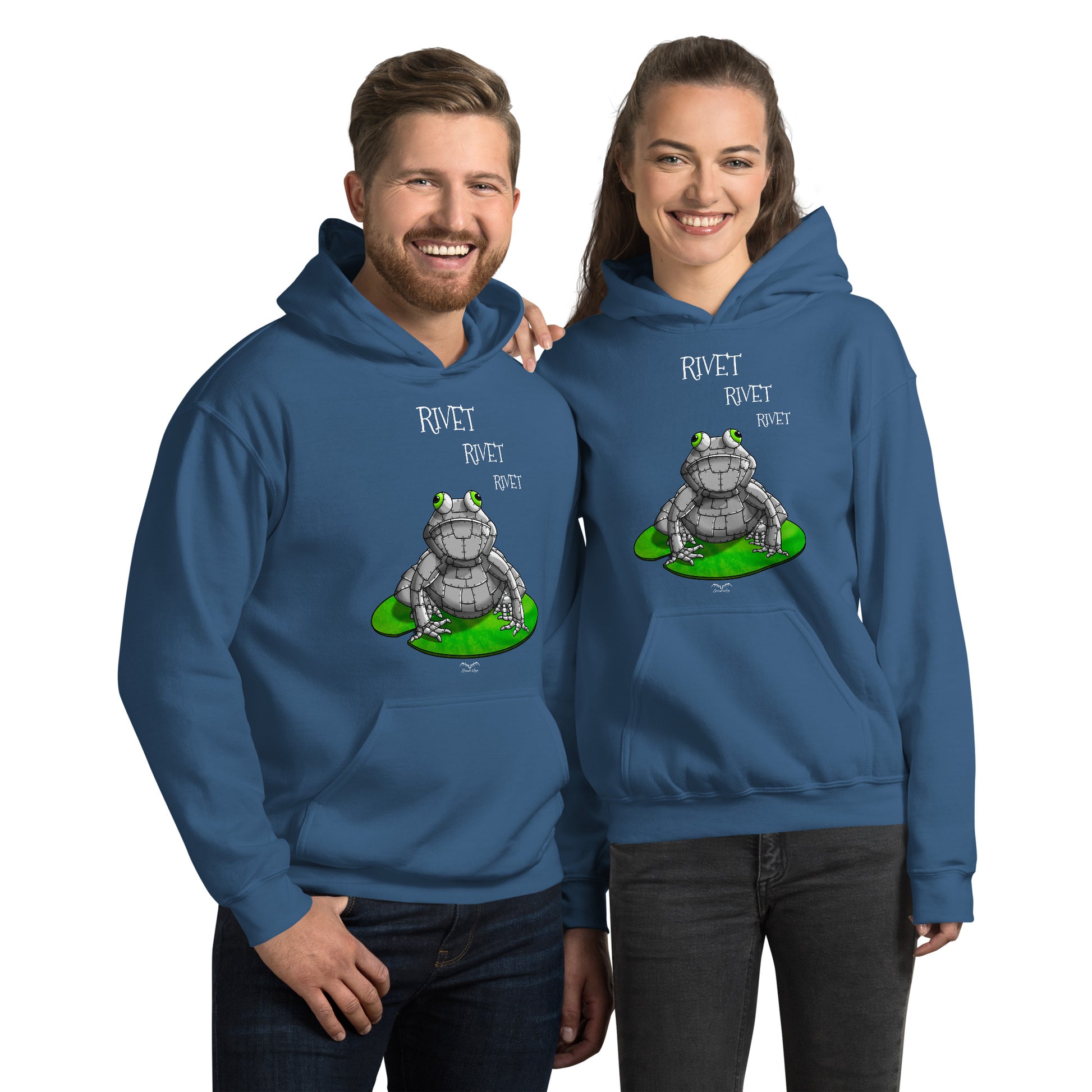 stormseye design funny metal frog hoodie modelled view blue