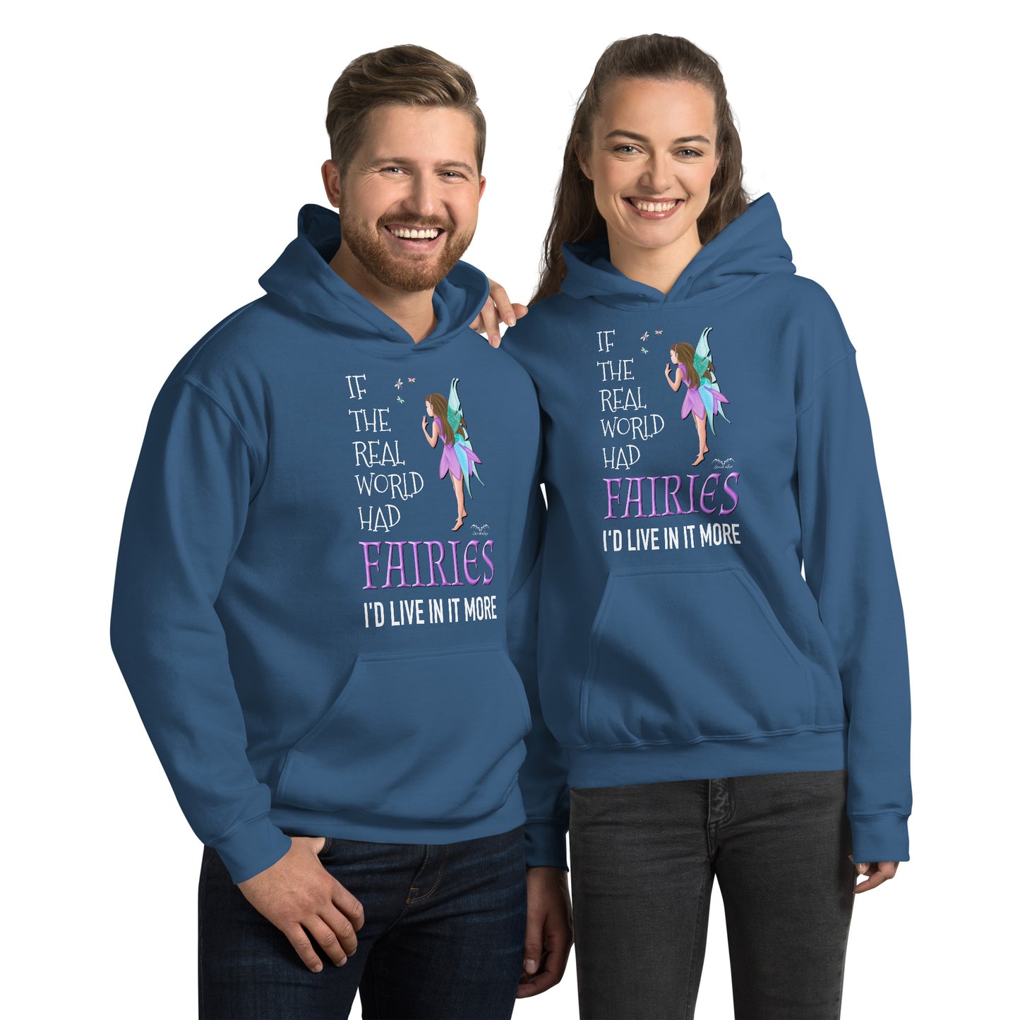 stormseye design real world fairies hoodie, modelled view blue
