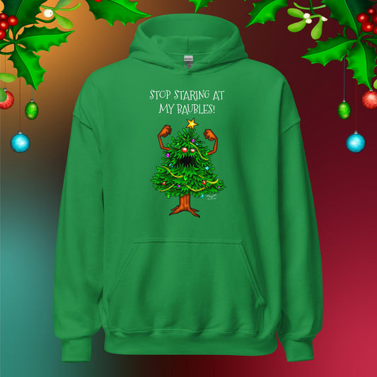 angry xmas tree baubles hoodie bright green by stormseye design