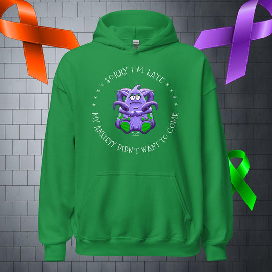 funny anxiety monster Hoodie, bright green by Stormseye Design