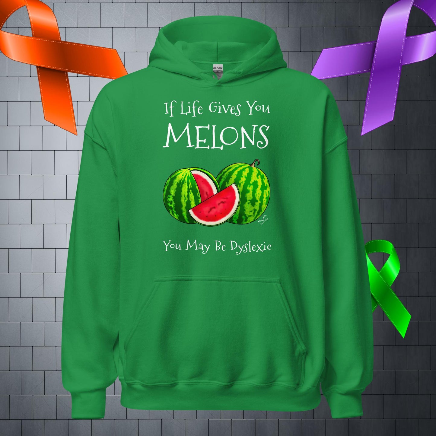 Funny Dyslexia Melons Hoodie, bright green by Stormseye Design