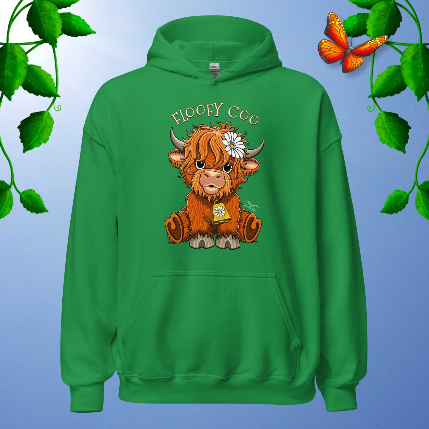 floofy coo highland cow Hoodie, bright green by Stormseye Design