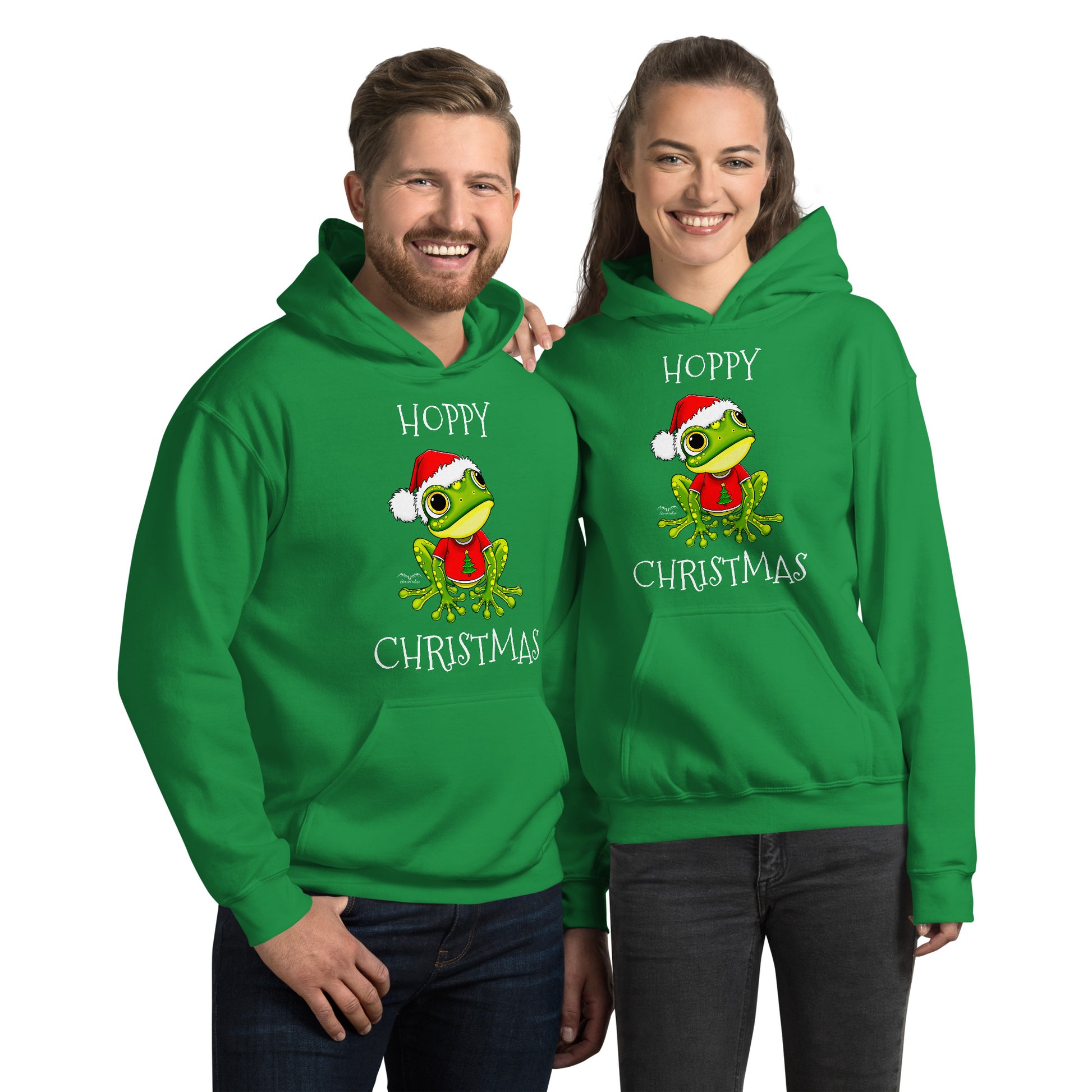 stormseye design christmas cute frog hoodie, modelled view, green