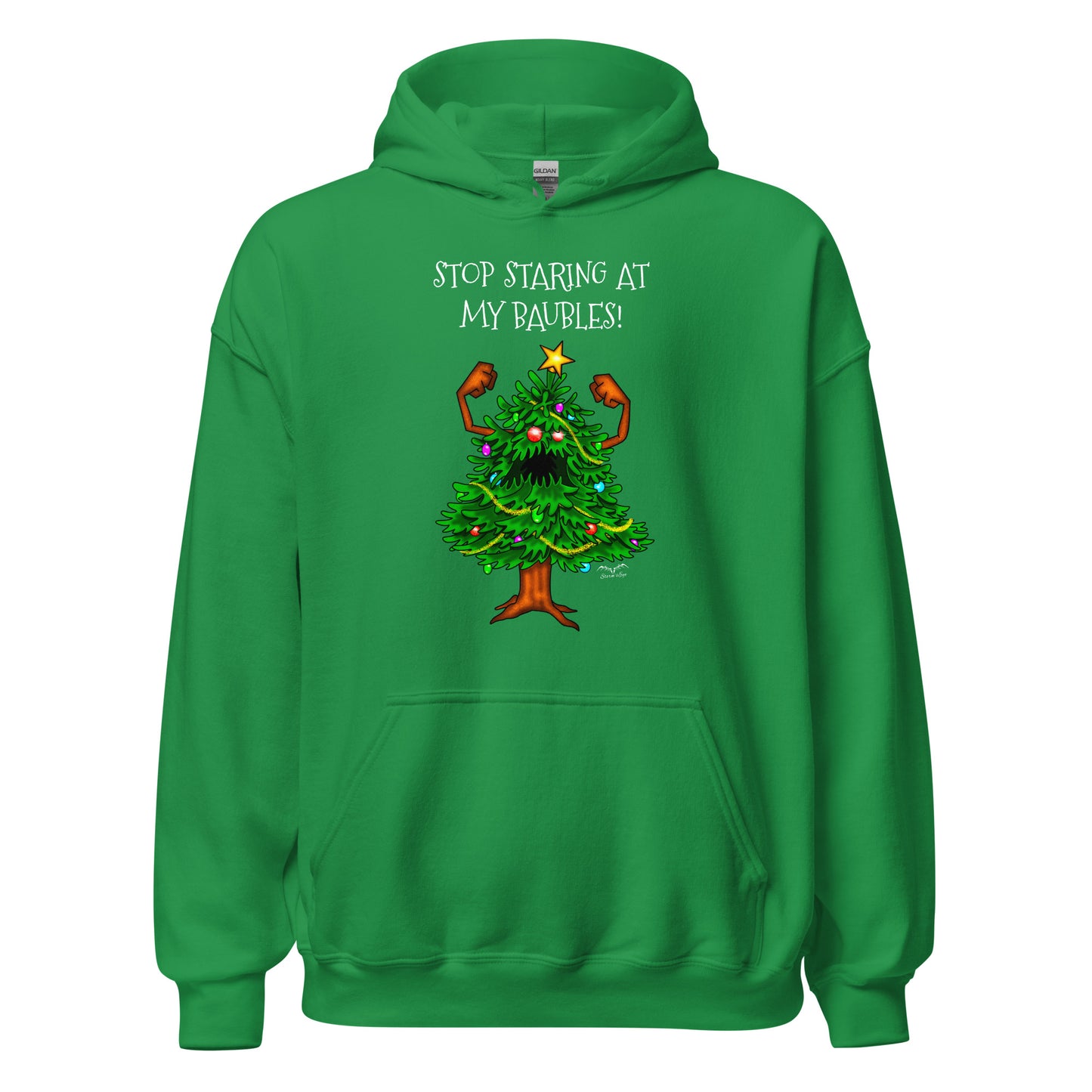 stormseye design angry christmas tree hoodie flat view green