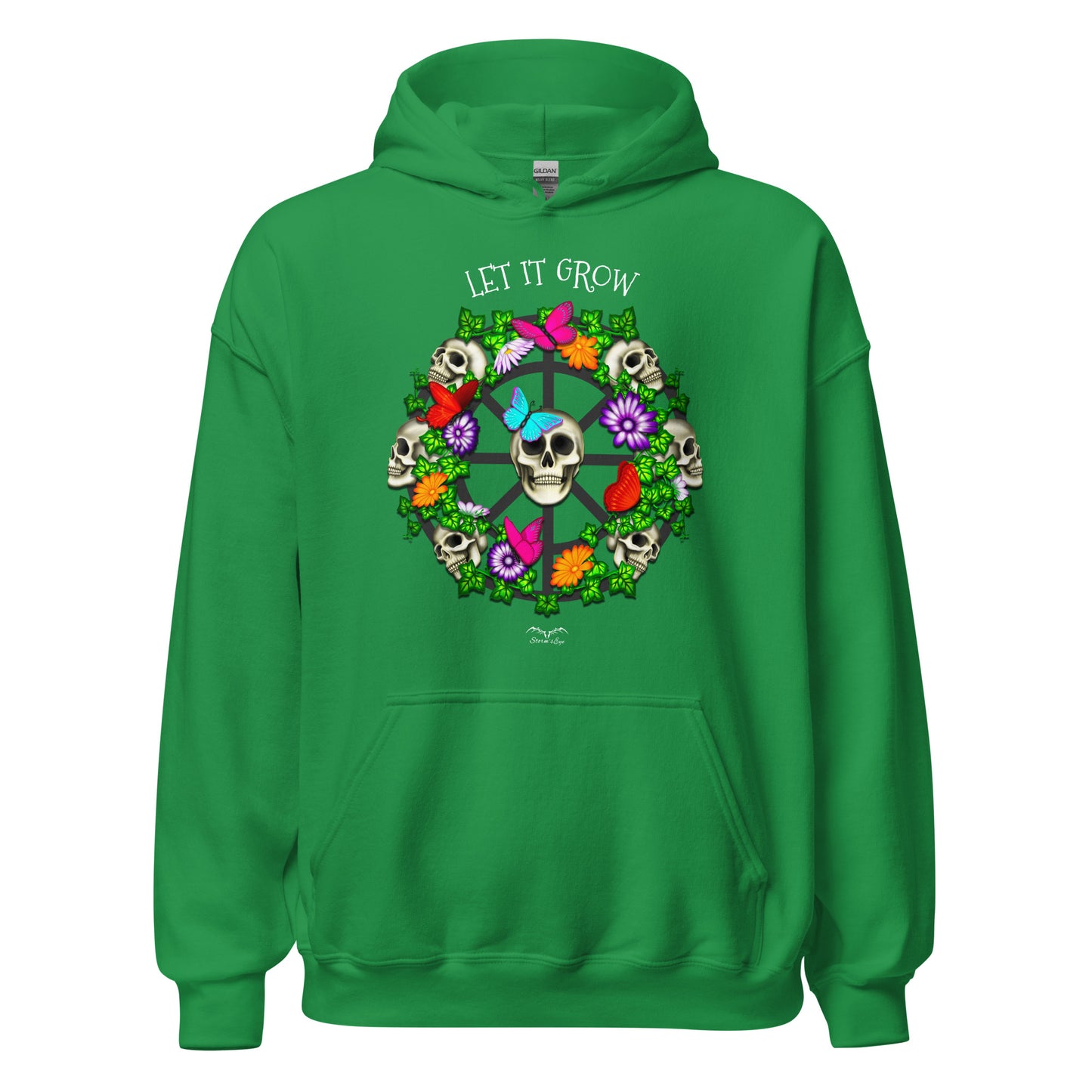 stormseye design skulls and flowers gothic hoodie flat view green