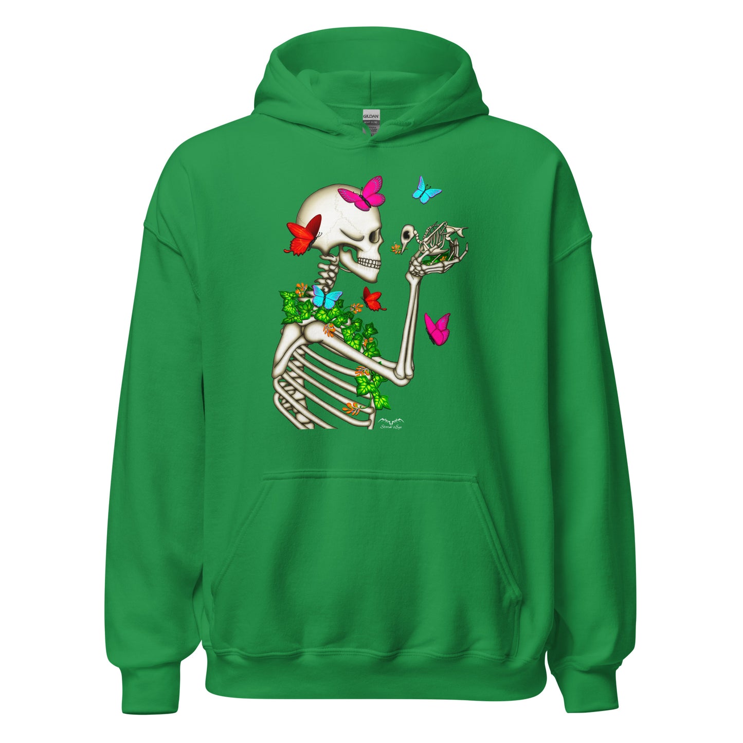 stormseye design skeleton and bird hoodie flat view irish green
