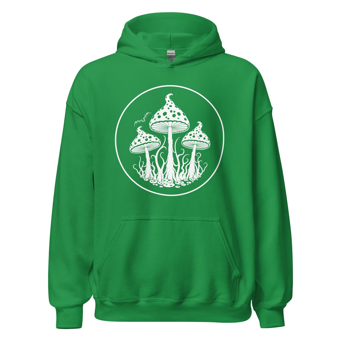 stormseye design trippy mushrooms hoodie, flat view, irish green