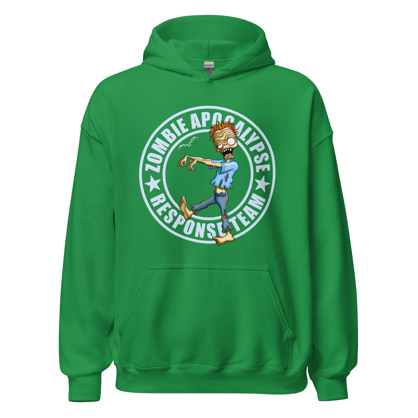 stormseye design zombie apocalypse colour hoodie, flat view irish green