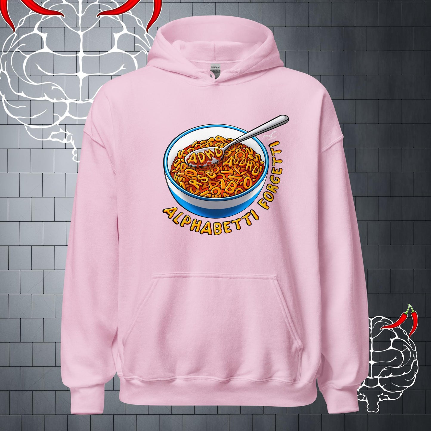 funny ADHD Spaghetti Hoodie, light pink by Stormseye Design