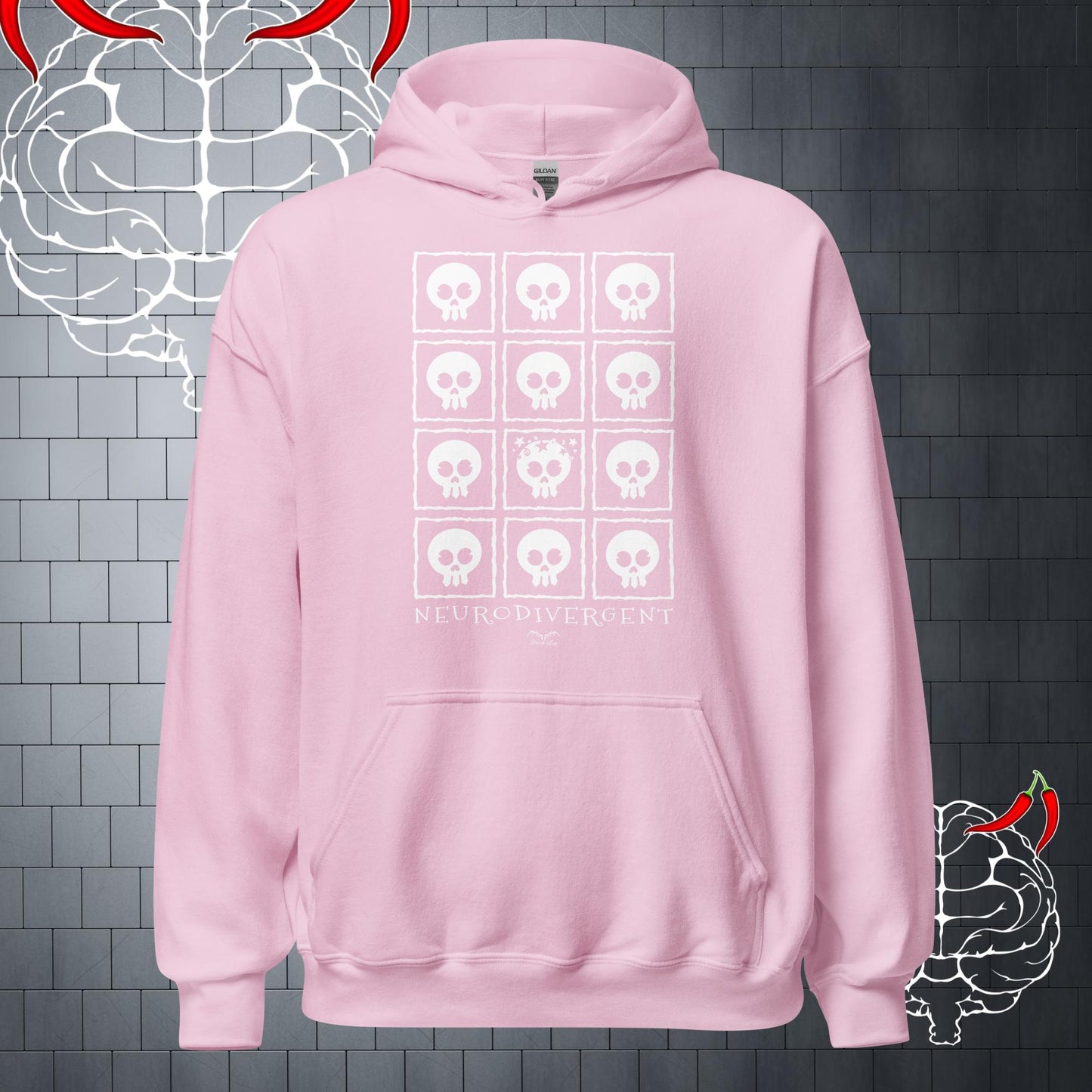 Neuro Divergent Skulls Hoodie, pale pink by Stormseye Design