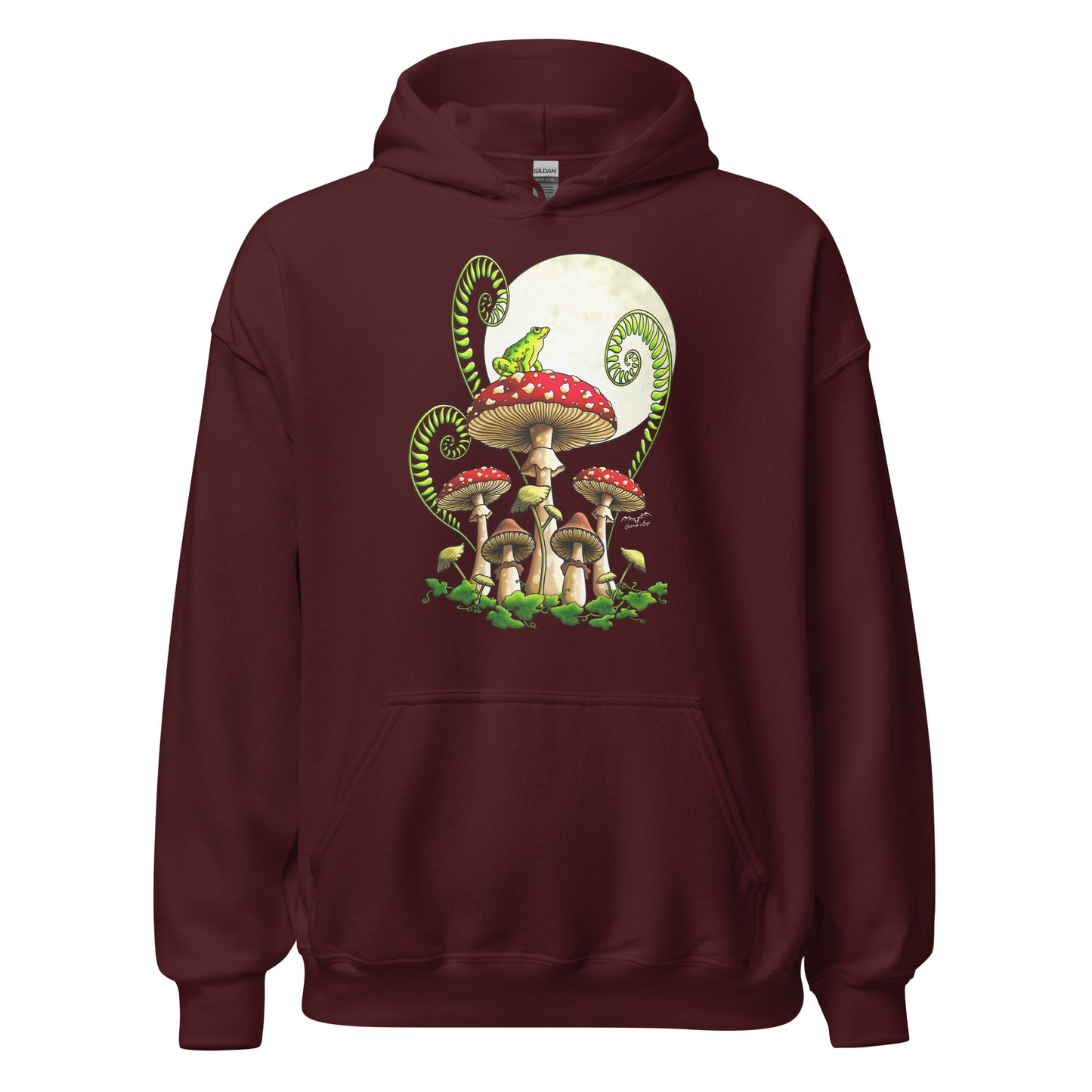 stormseye design moonlight mushrooms frog hoodie flat view maroon