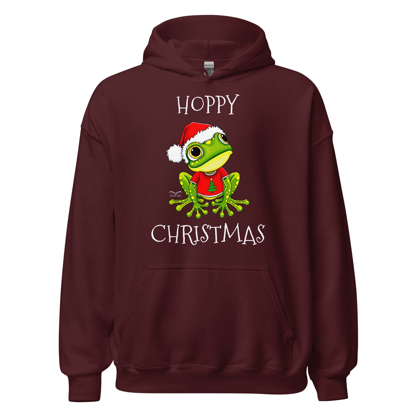 stormseye design christmas cute frog hoodie, flat view, maroon red