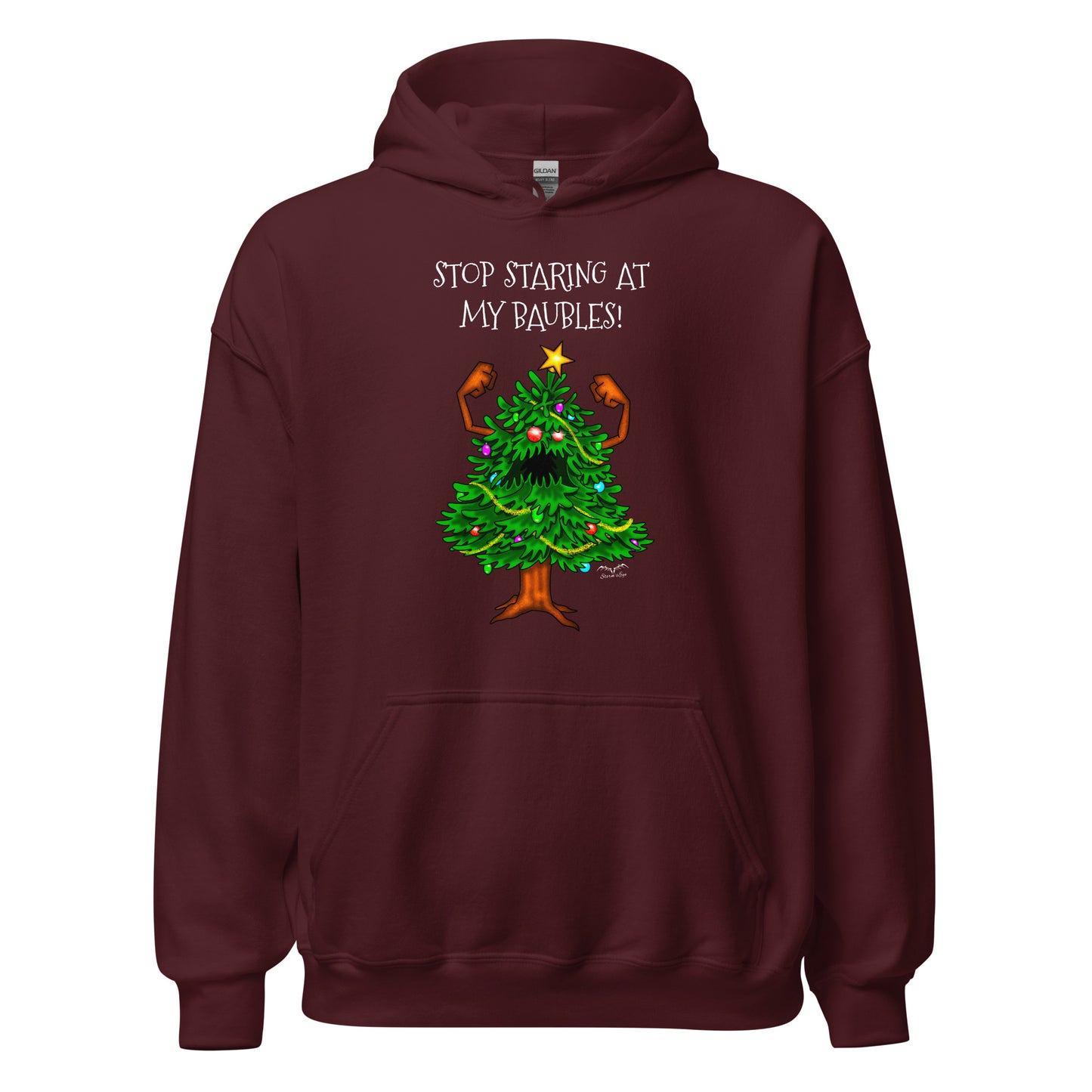 stormseye design angry christmas tree hoodie flat view maroon red