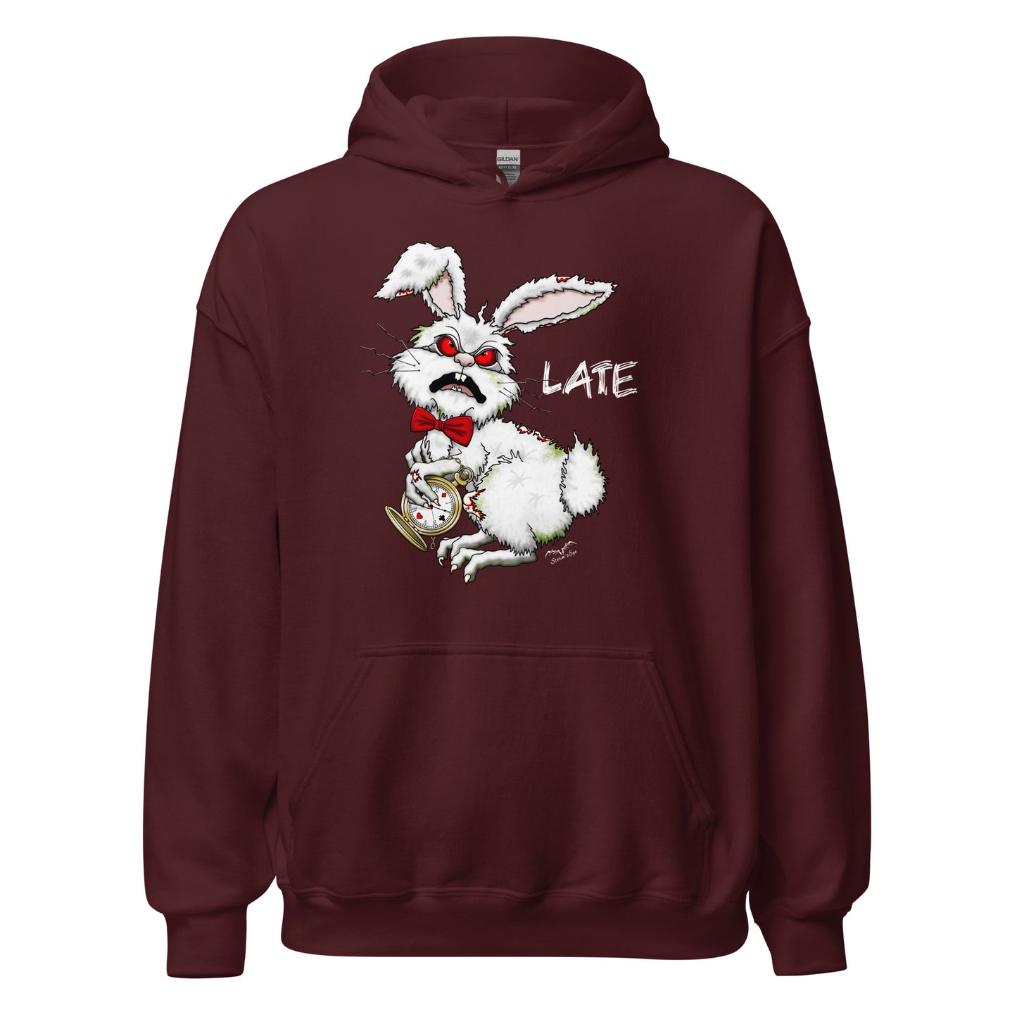 stormseye design zombie white rabbit hoodie flat view maroon red