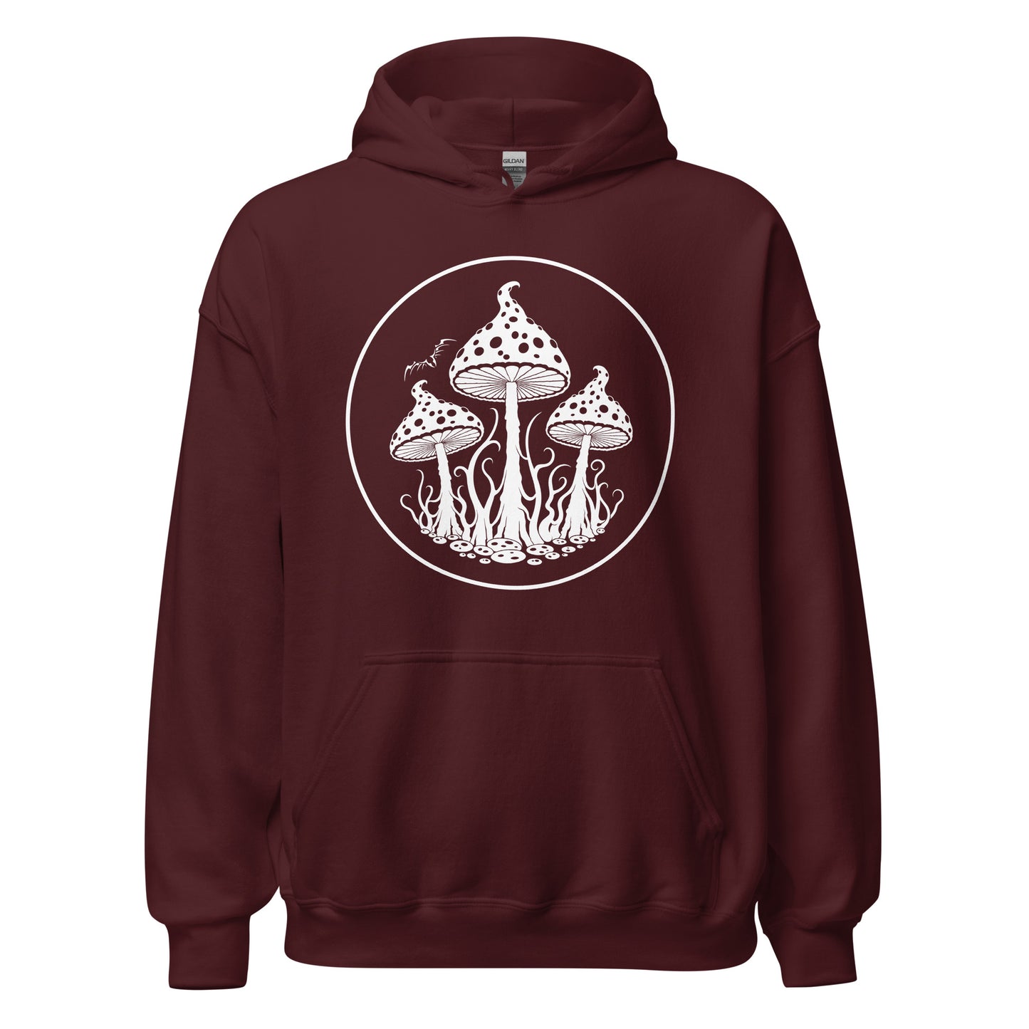 stormseye design trippy mushrooms hoodie, flat view, maroon red