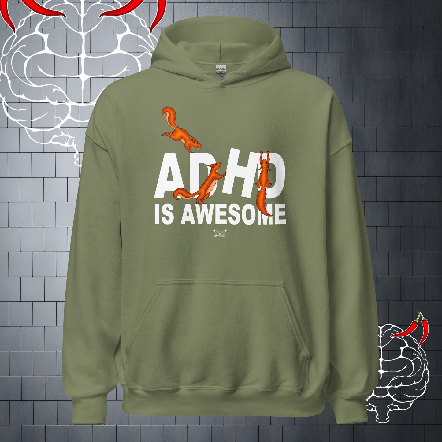 ADHD Is Awesome neurodiversity Hoodie, army green by Stormseye Design