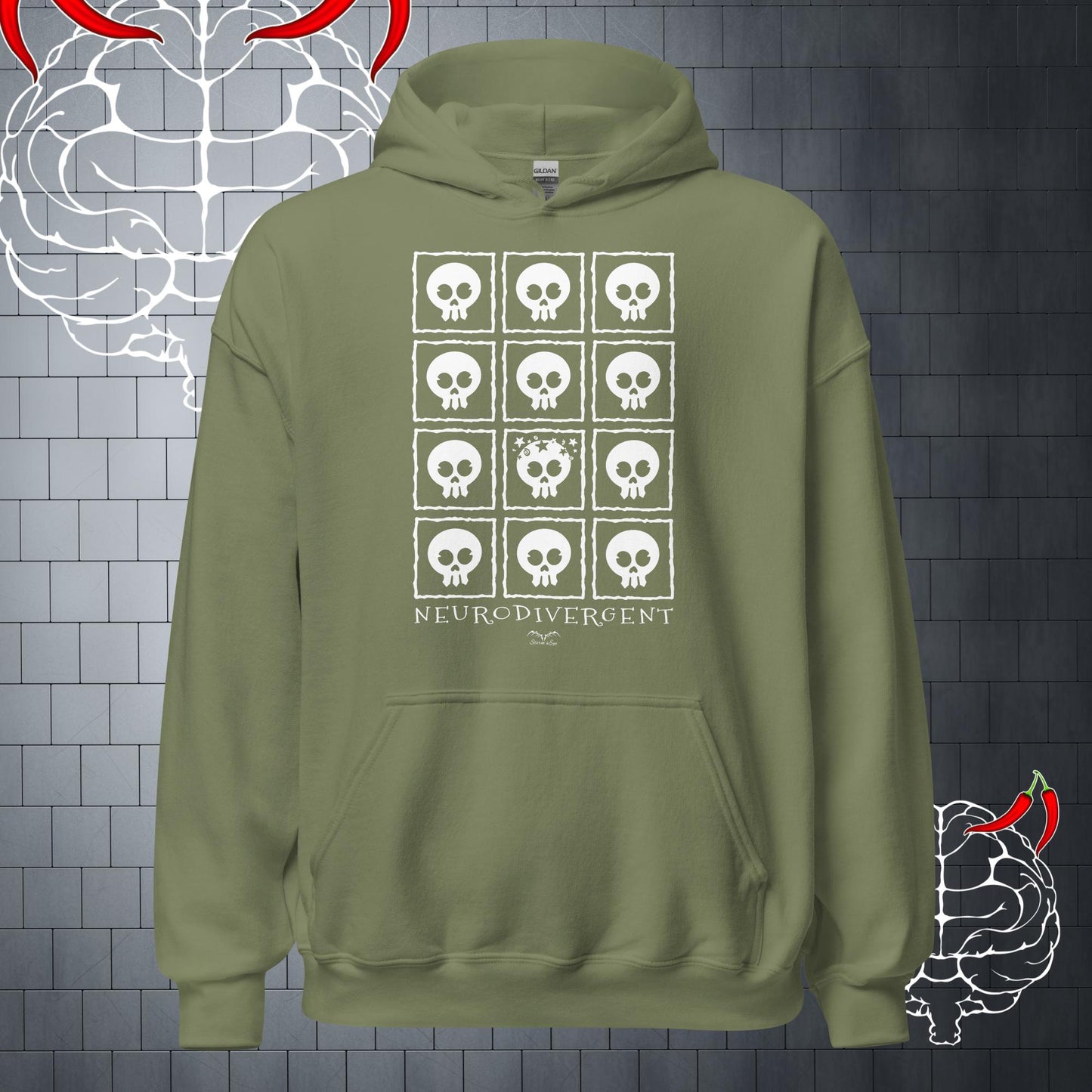 Neuro Divergent Skulls Hoodie, army green by Stormseye Design