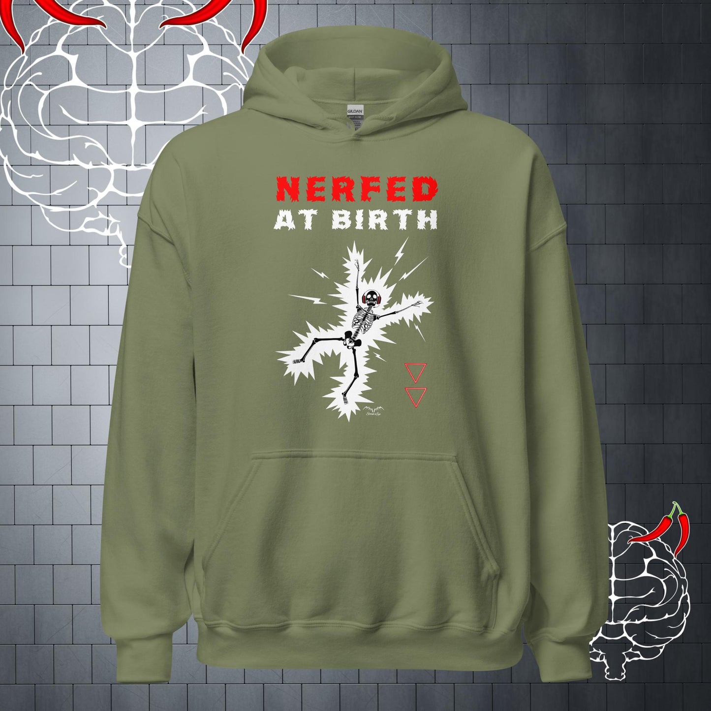 funny nerfed at birth gamer Hoodie, army green by Stormseye Design
