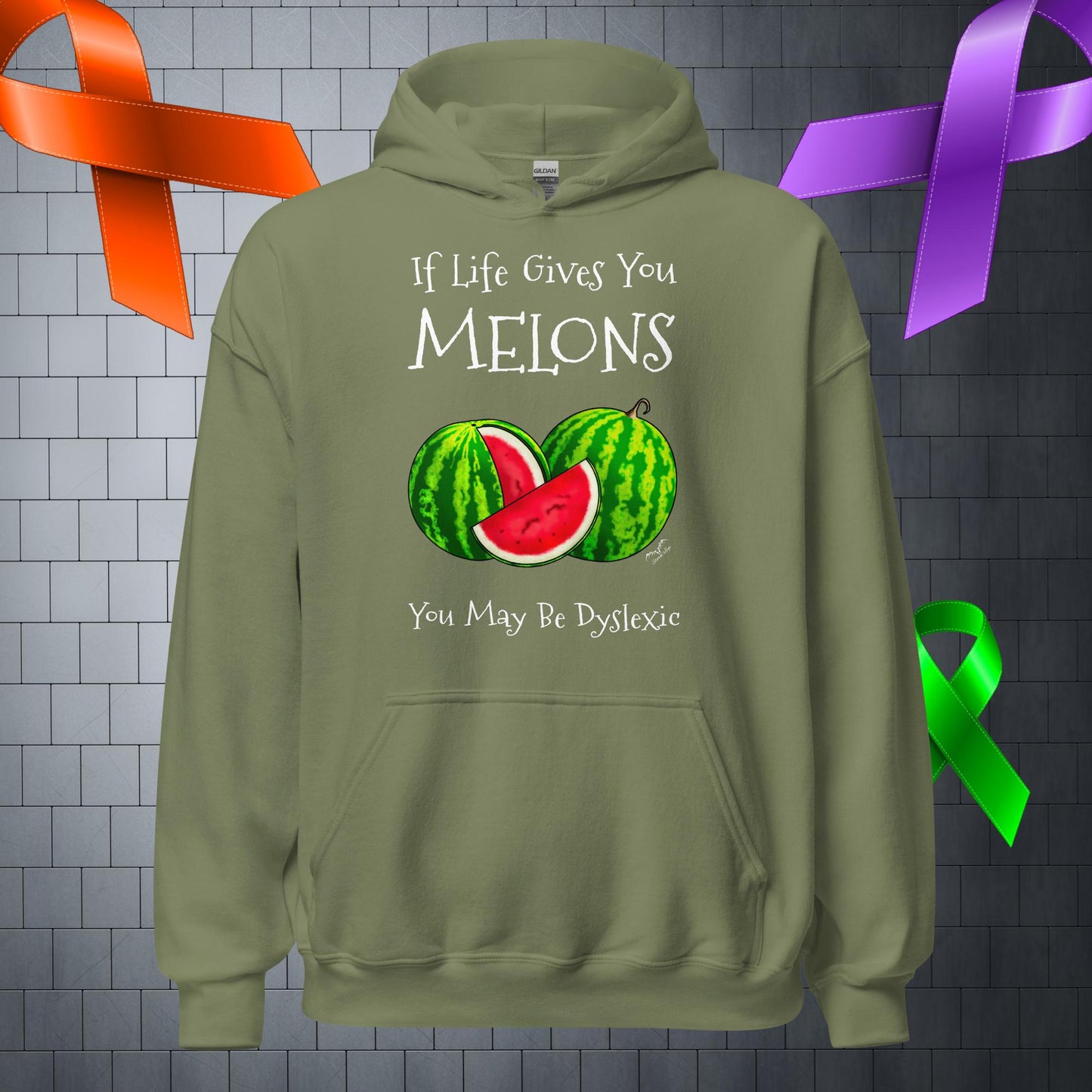 Funny Dyslexia Melons Hoodie, army green by Stormseye Design