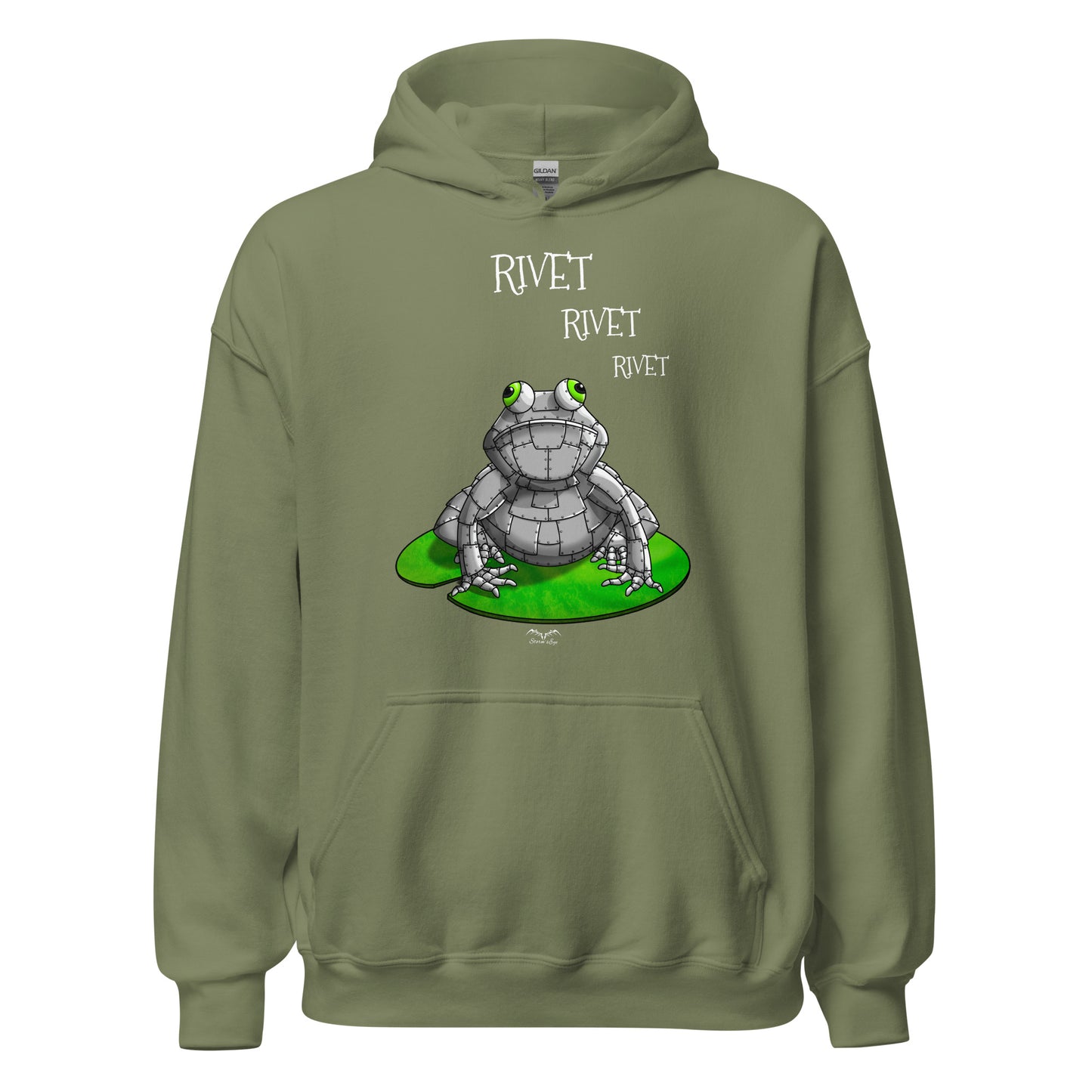 stormseye design funny metal frog hoodie flat view army green