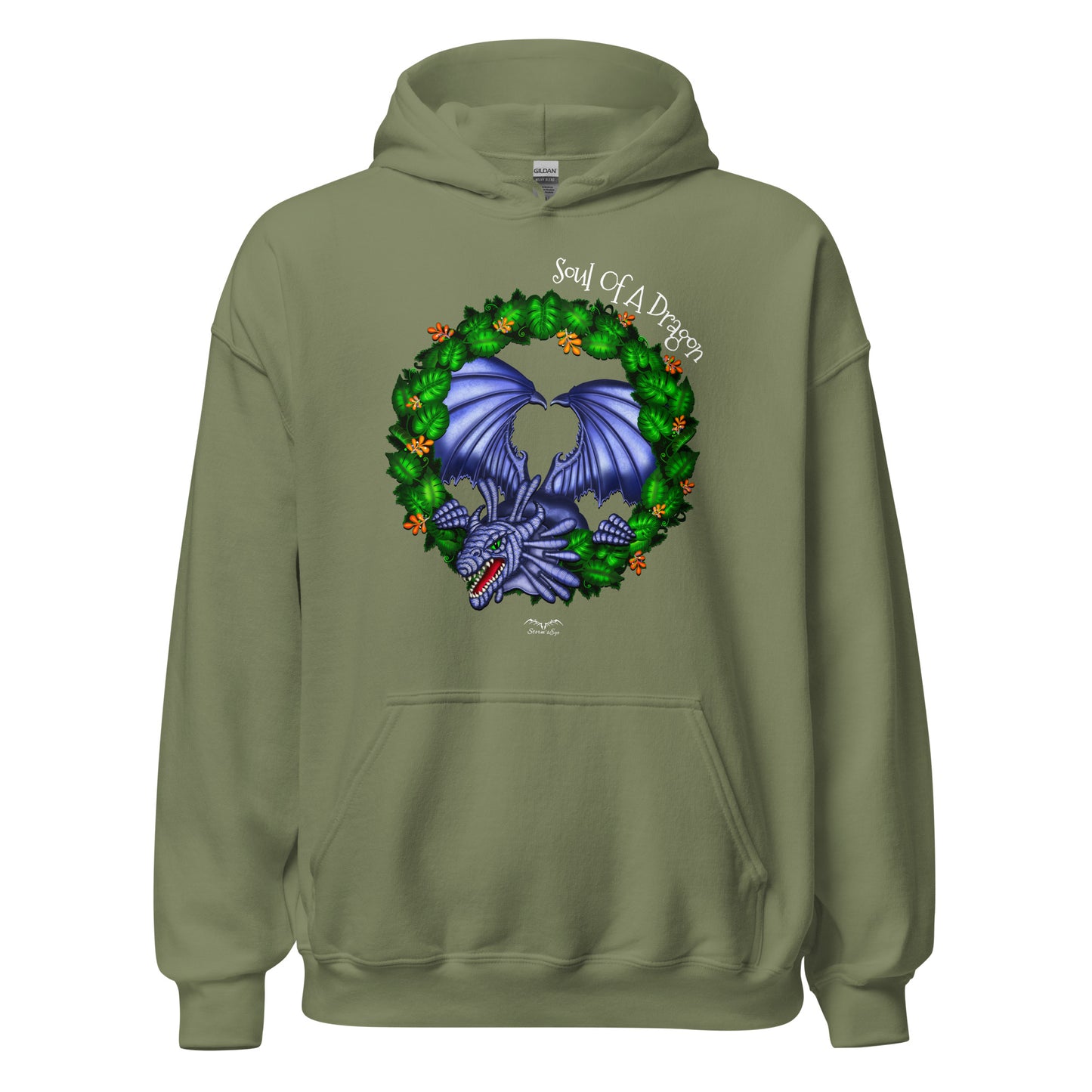 soul of a dragon hoodie, army green, by Stormseye Design