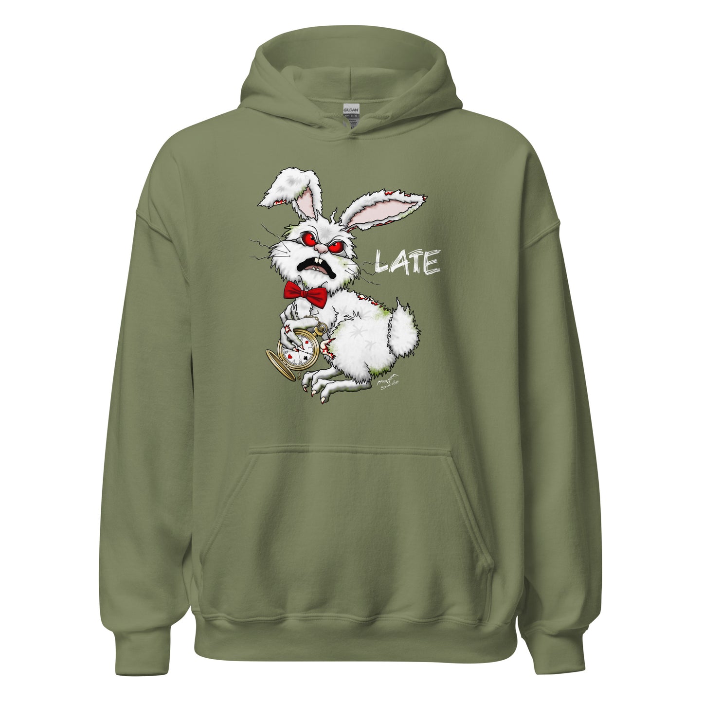 stormseye design zombie white rabbit hoodie flat view army green