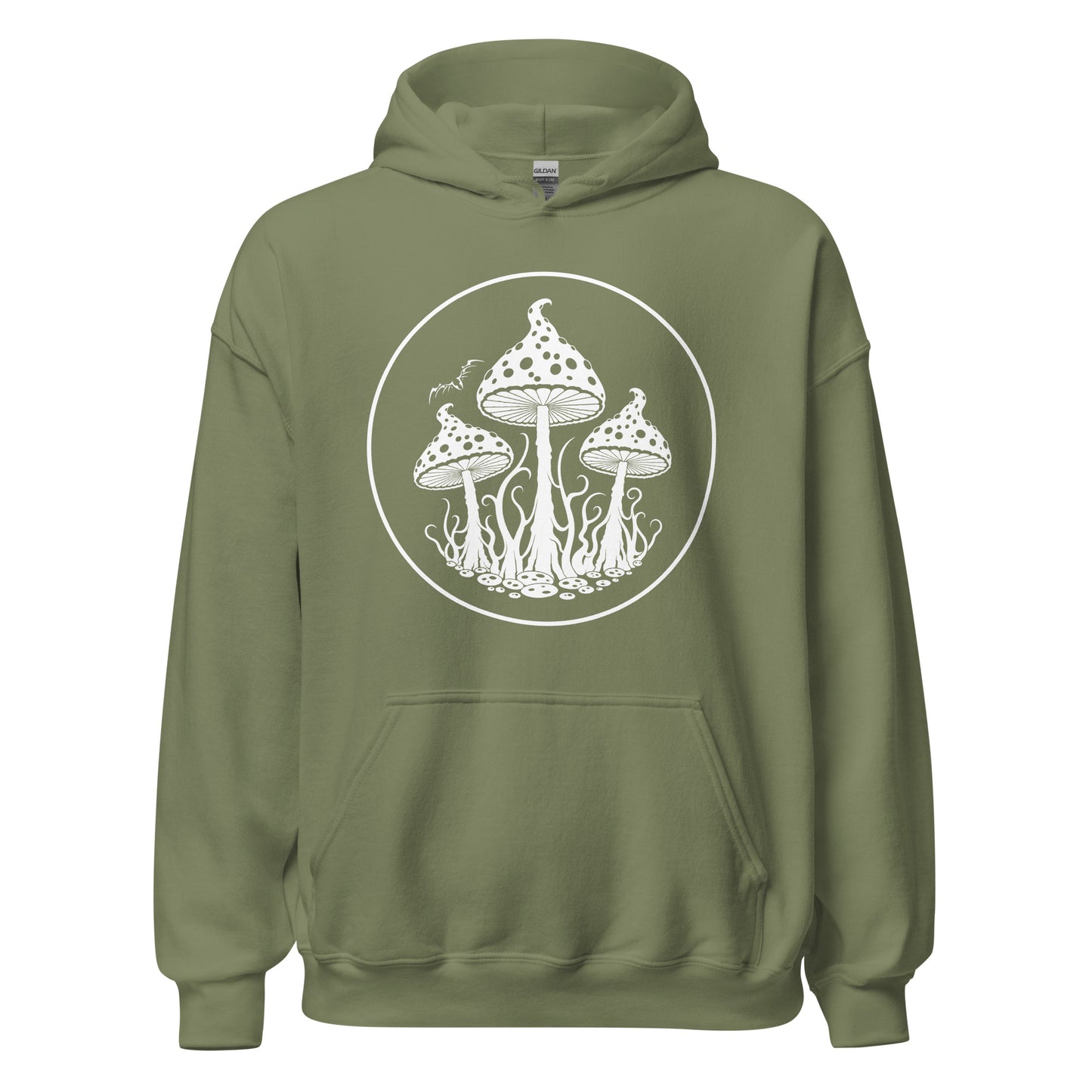 stormseye design trippy mushrooms hoodie, flat view, military green