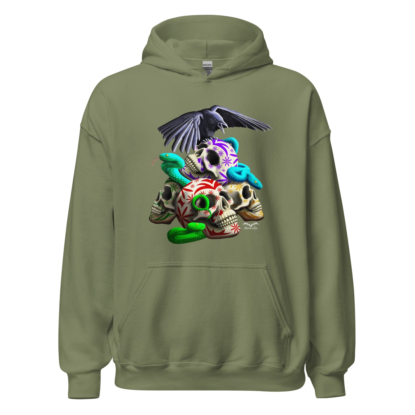 stormseye design gothic skulls & snakes hoodie flat view army green