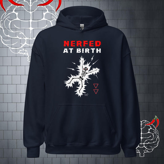 funny nerfed at birth gamer Hoodie, navy blue by Stormseye Design