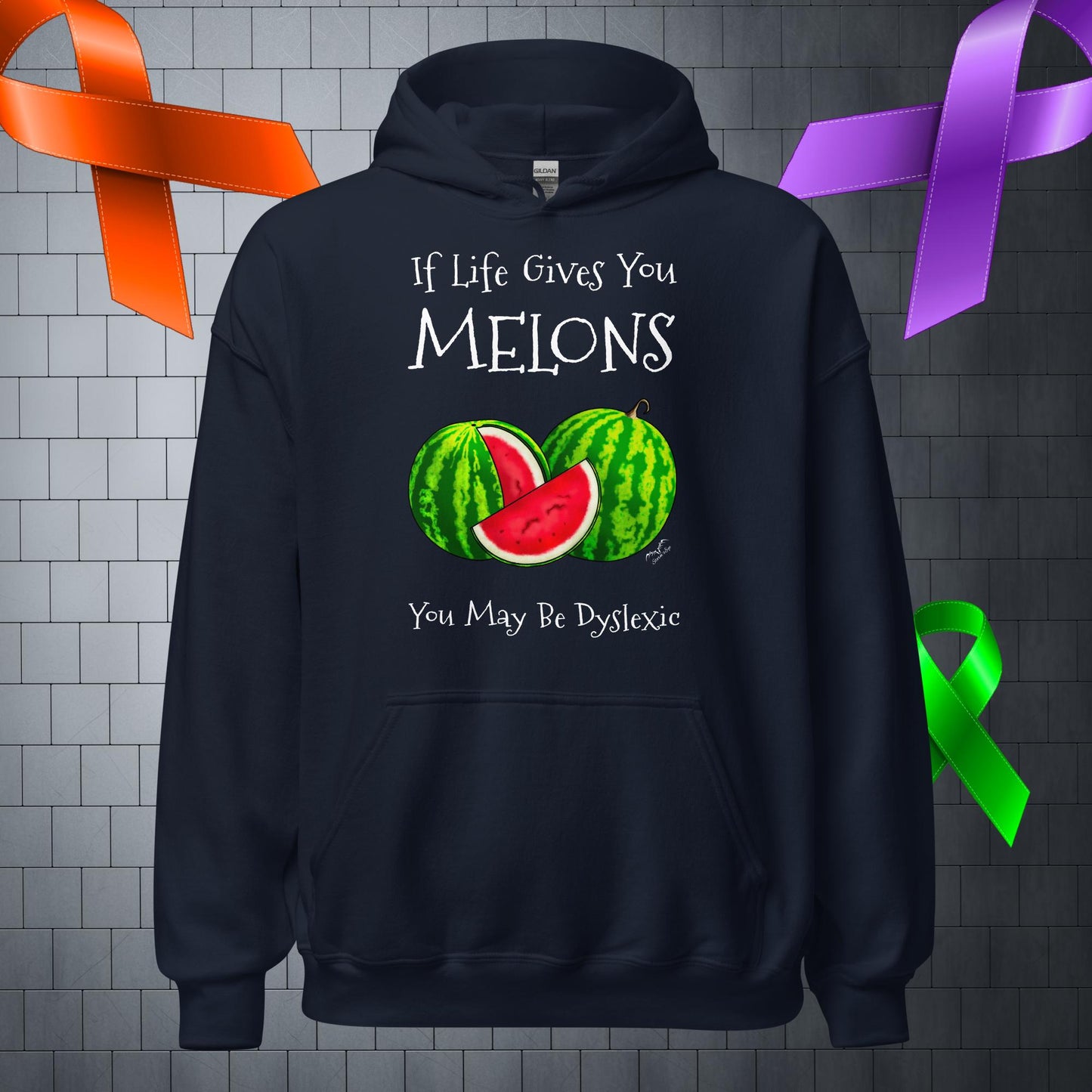 Funny Dyslexia Melons Hoodie, navy blue by Stormseye Design