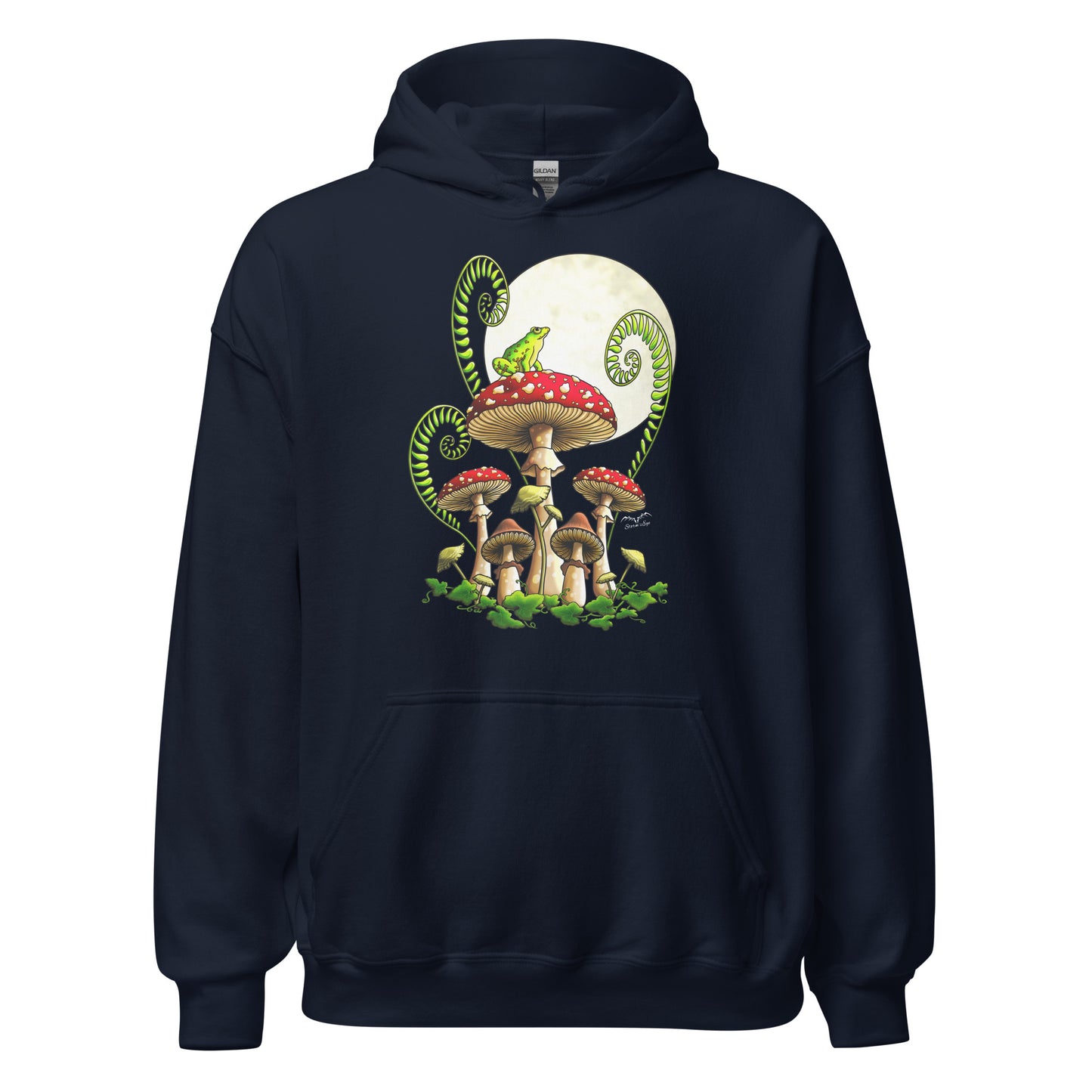 stormseye design moonlight mushrooms frog hoodie flat view navy blue