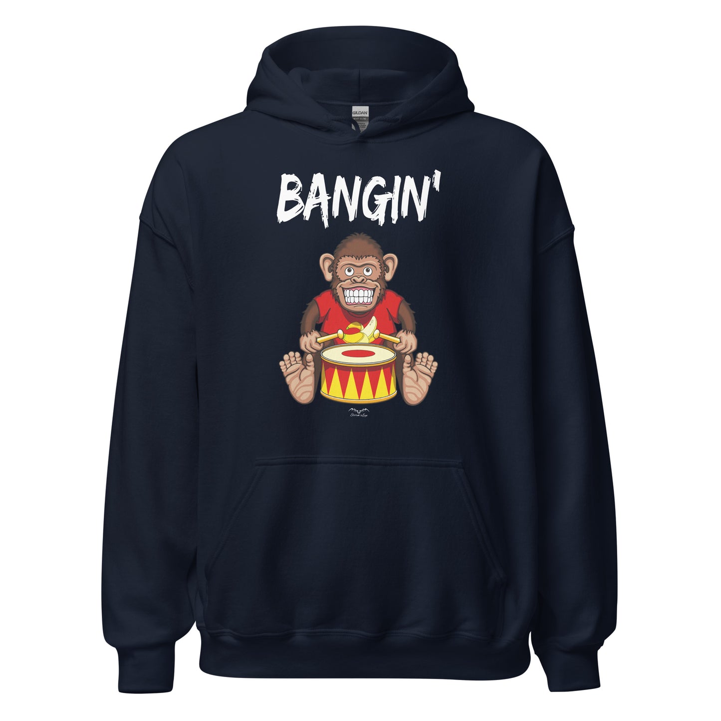 Bangin drummer monkey hoodie, navy blue, by Stormseye Design