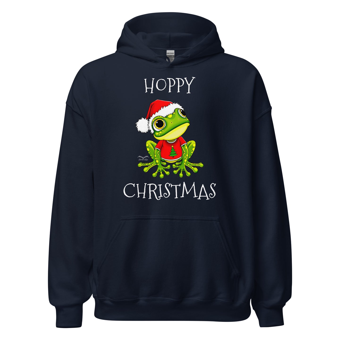 stormseye design christmas cute frog hoodie, flat view, navy blue