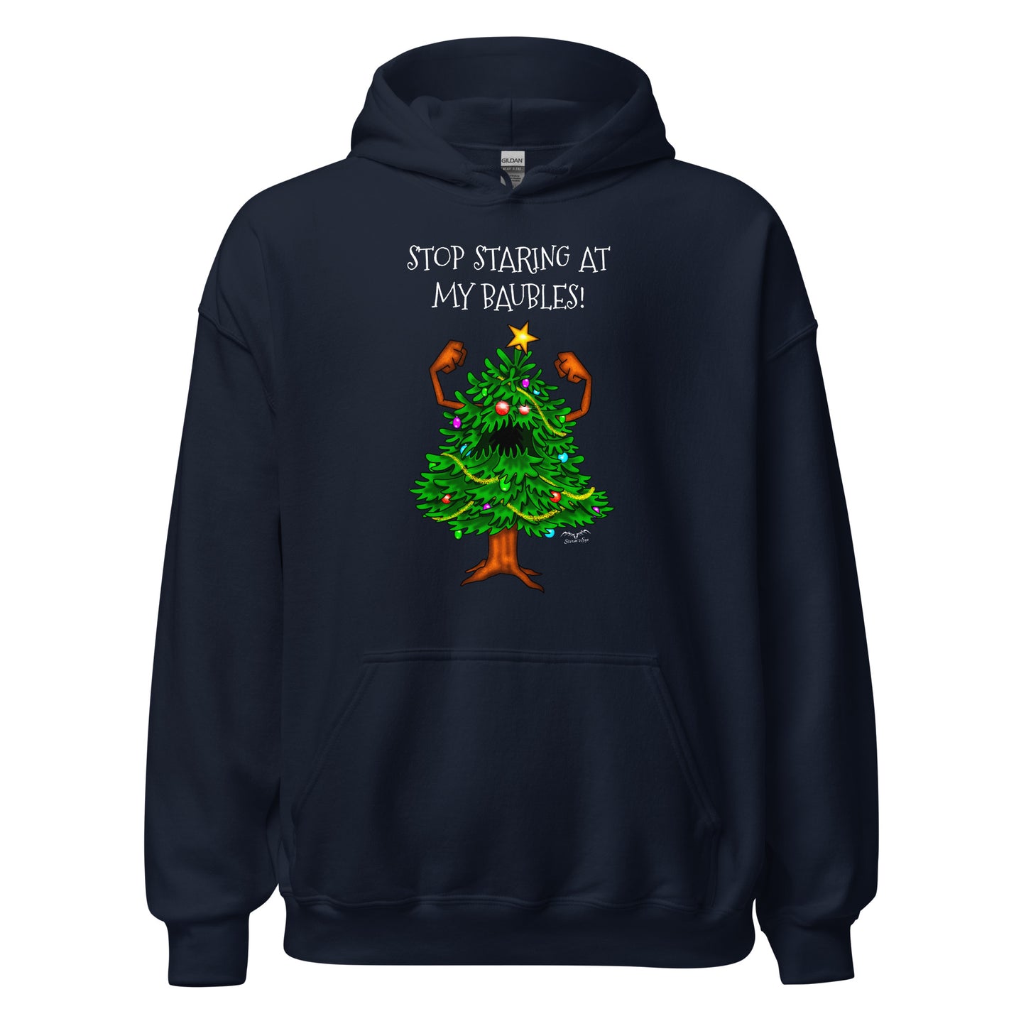 stormseye design angry christmas tree hoodie flat view navy blue