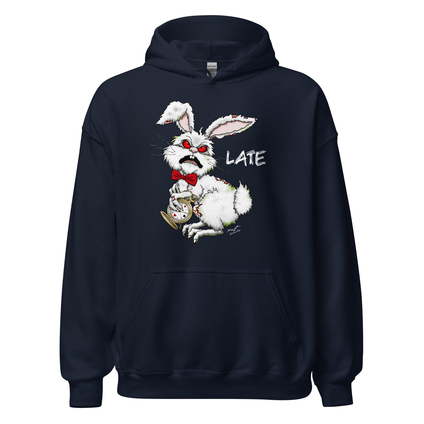 stormseye design zombie white rabbit hoodie flat view navy blue
