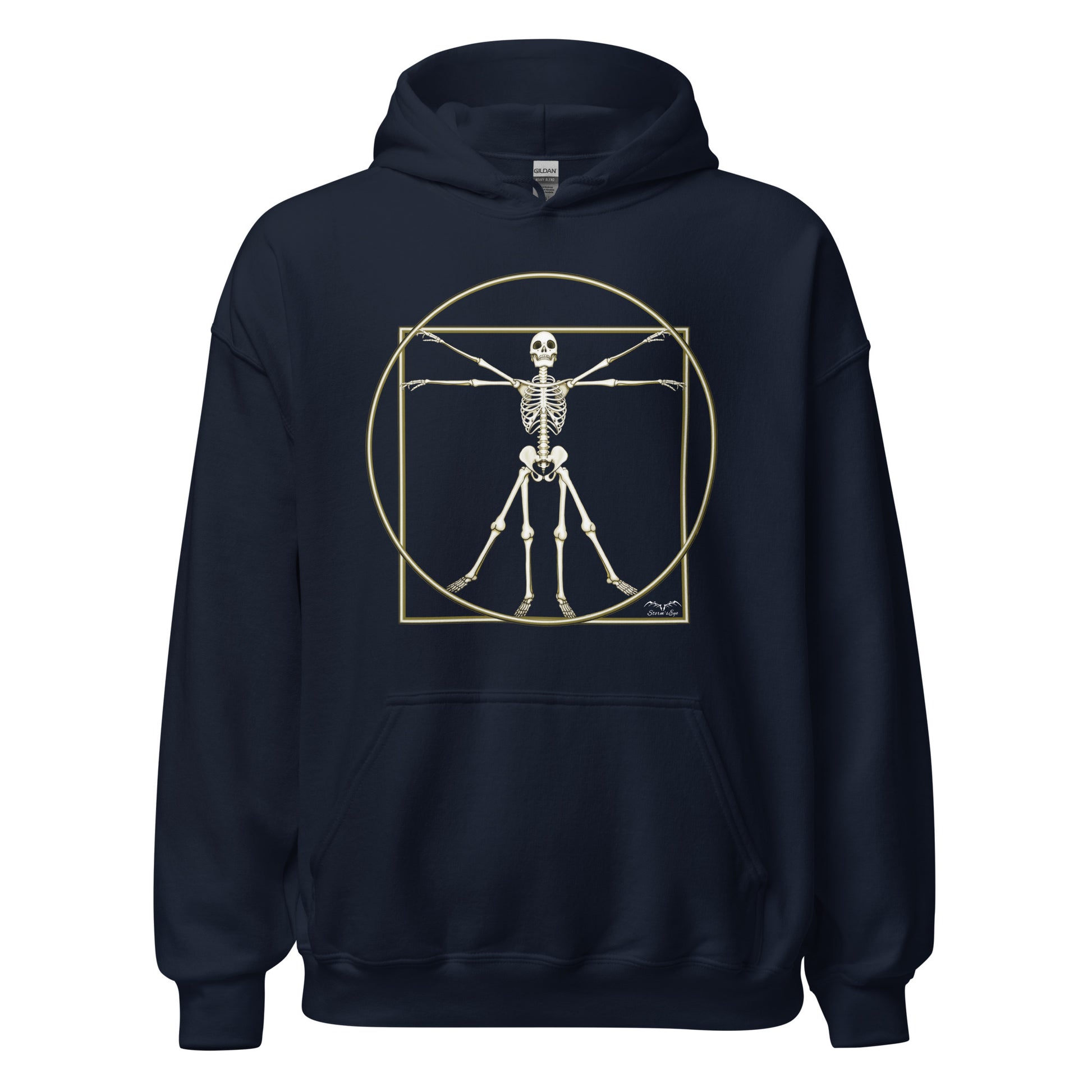 stormseye design vitruvian skeleton fine art hoodie flat view navy blue