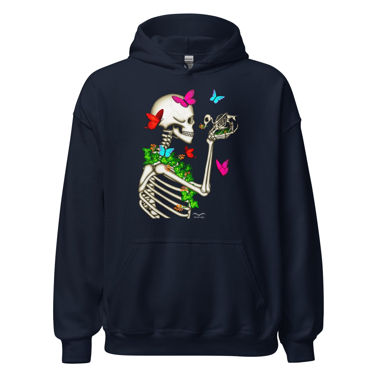 stormseye design skeleton and bird hoodie flat view navy blue