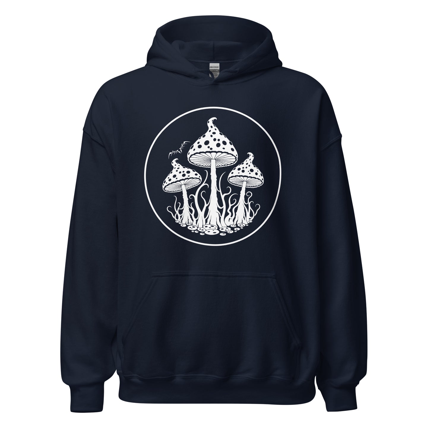 stormseye design trippy mushrooms hoodie, flat view, navy blue