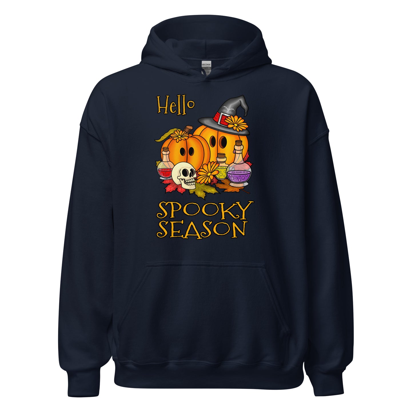 stormseye design hello spooky season hoodie flat view navy blue
