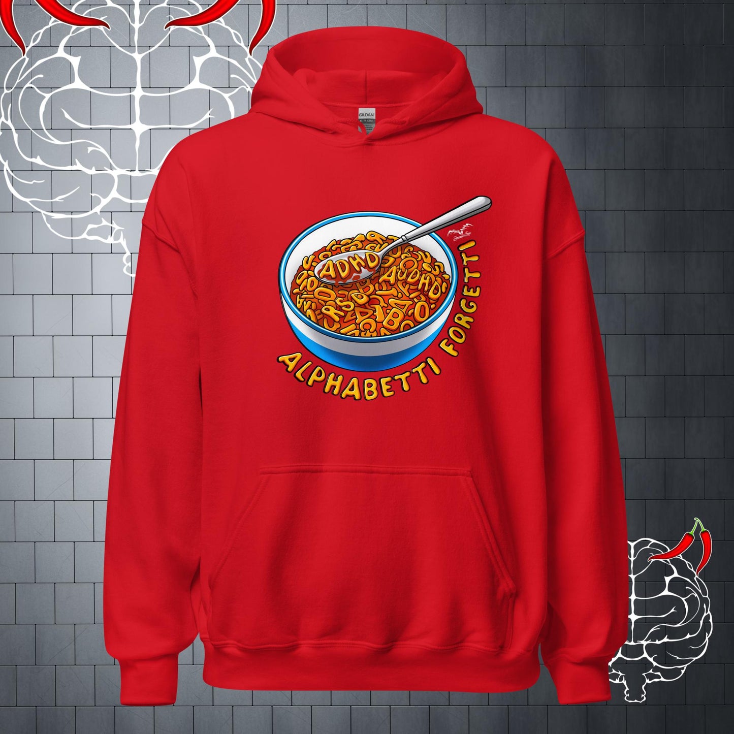 funny ADHD Spaghetti Hoodie, bright red by Stormseye Design