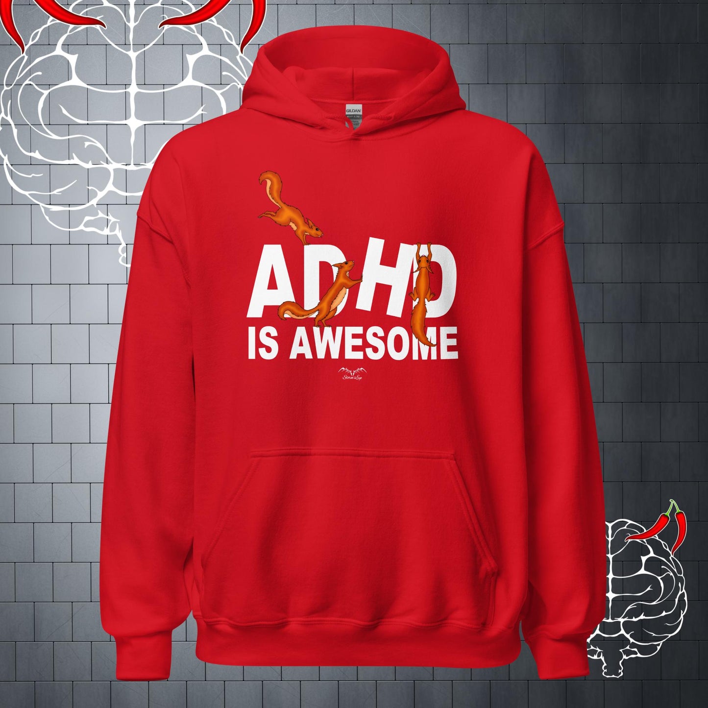 ADHD Is Awesome neurodiversity Hoodie, bright red by Stormseye Design