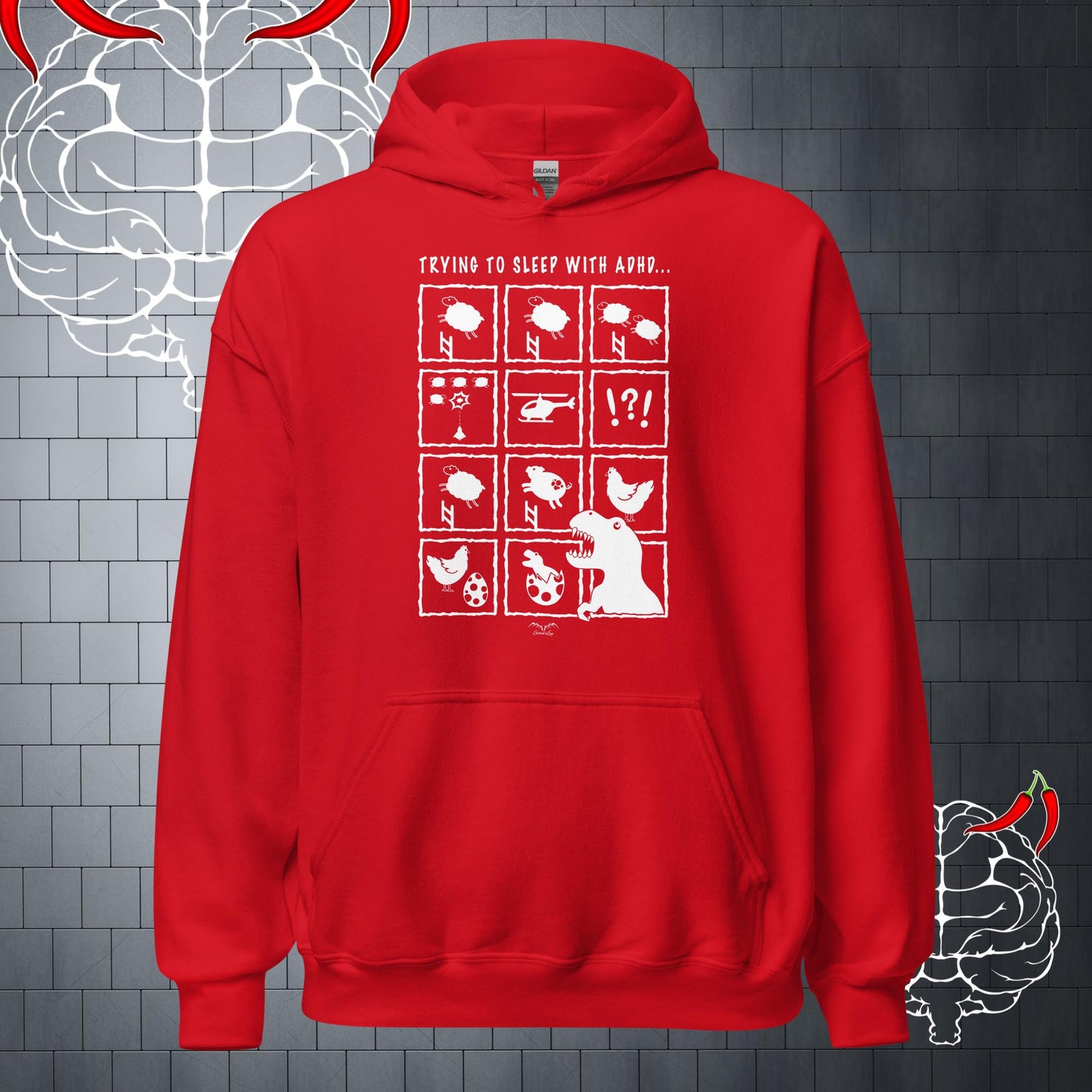 Funny ADHD insomnia Hoodie, bright red by Stormseye Design