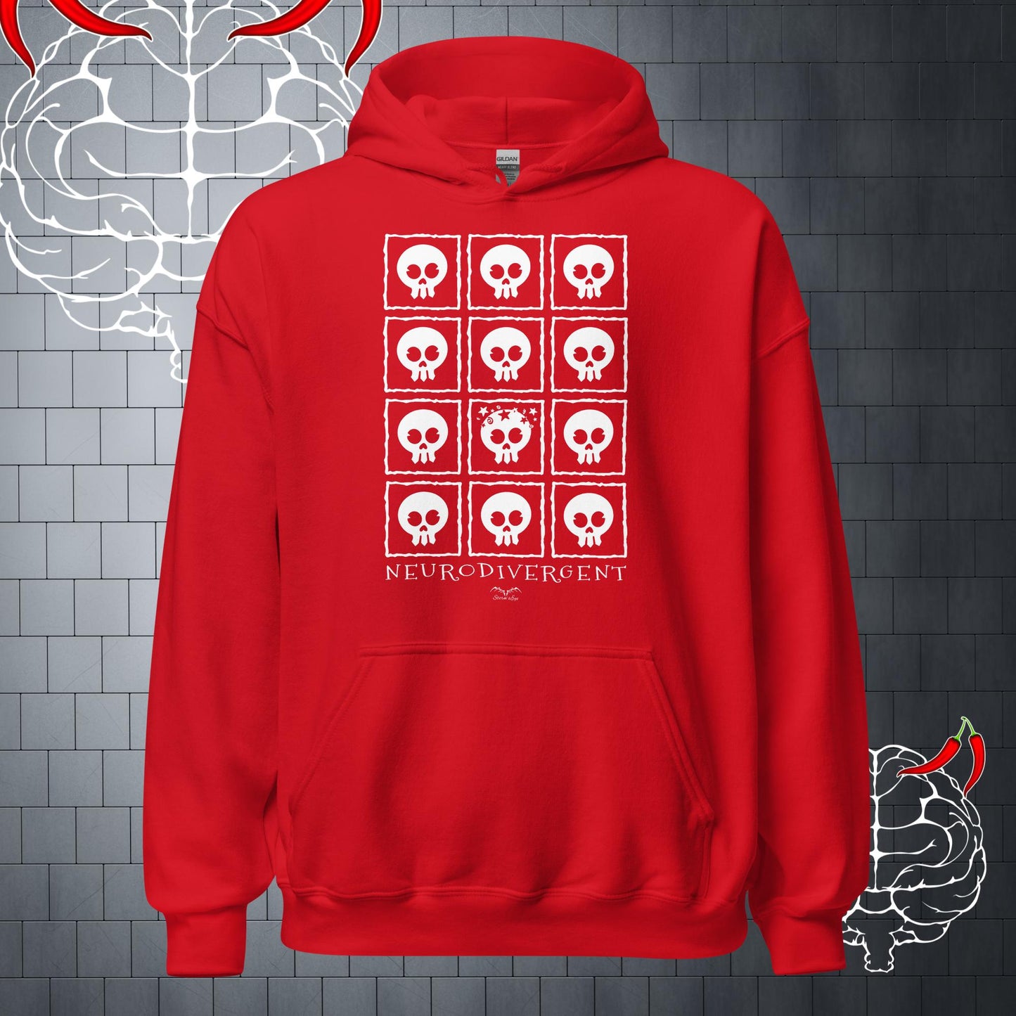 Neuro Divergent Skulls Hoodie, bright red by Stormseye Design