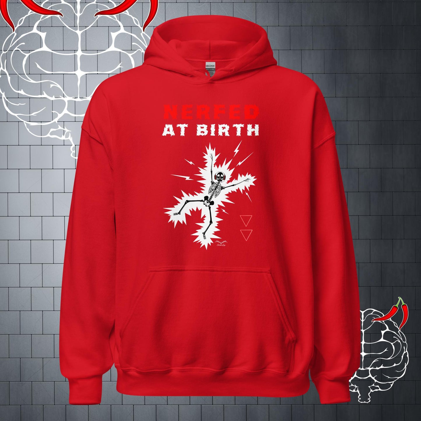 funny nerfed at birth gamer Hoodie, bright red by Stormseye Design