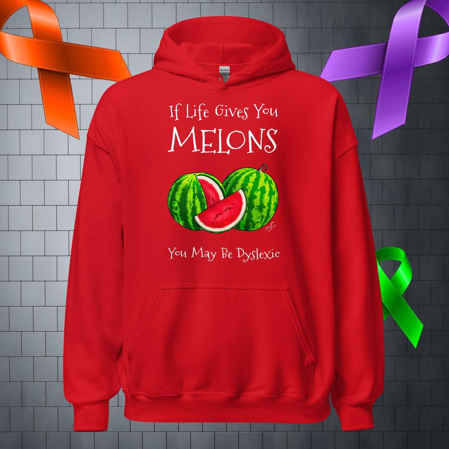 Funny Dyslexia Melons Hoodie, bright red by Stormseye Design